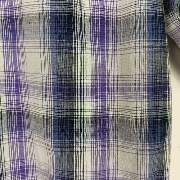 Vintage Wrangler Western Plaid Short Sleeve Shirt Pearl Snap Front Size M Purple - Picture 7 of 7